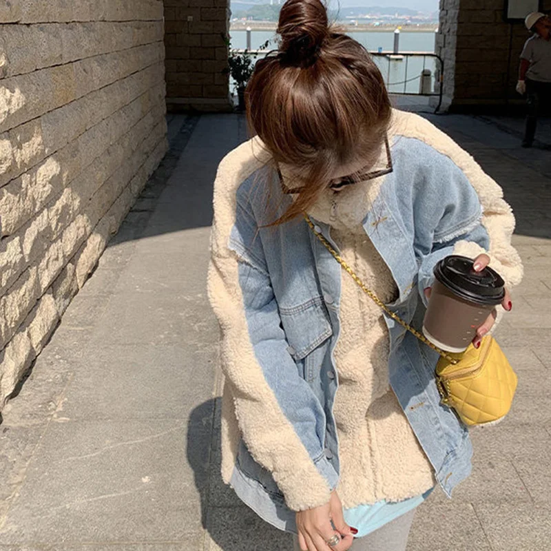 WYBLZ Faux Lamb Wool Patchwork Women's Denim Jacket Stand Collar Coat High Street Winter Thick Warm Splice Chic Jean Jacket Coat