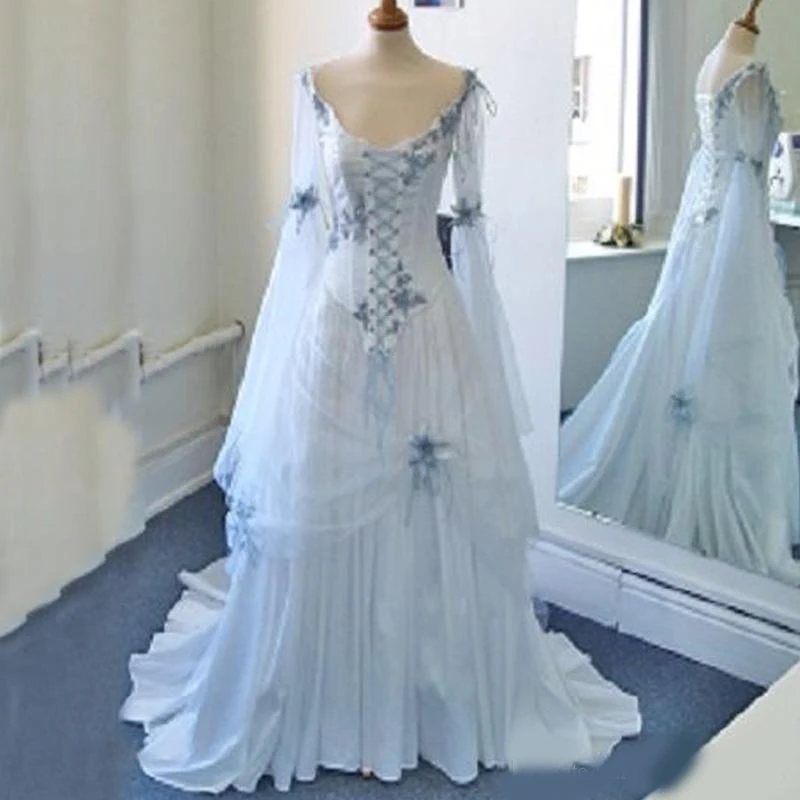 

Vintage Celtic Wedding Dresses White and Pale Blue Colorful Medieval Bridal Gowns Scoop Neckline Corset Long Bell Sleeves