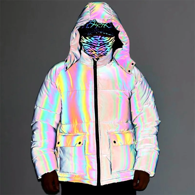 New Style Fashion In Winter, Colorful Reflective, European And American Work Clothes, Cotton Jacket, Zipper, Hood,Down  Leisure