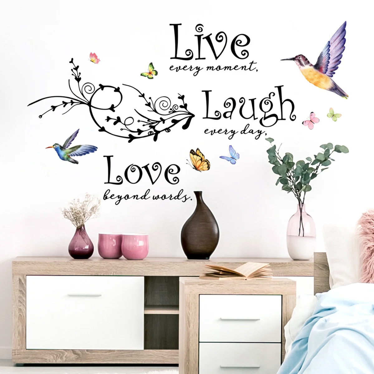 Artisitic Live Love Laugh Wall Decoritive Wall Stickers Creative Butterfly Decoration Natural Bird Stickers Cute Wallpaper