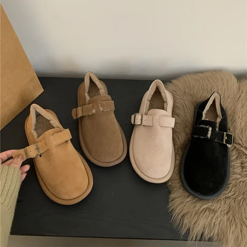 Женские теплые туфли на меху Винтажная обувь плоской подошве удобная мягкая