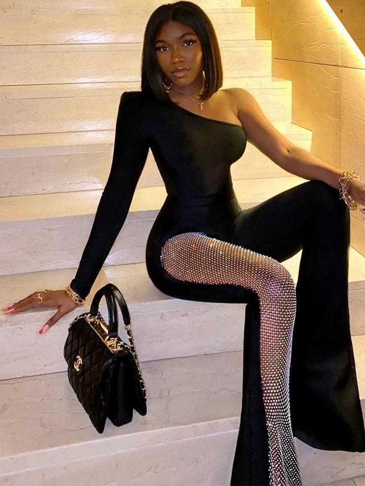 Black Bandage Jumpsuit Women Fashion One Shoulder Bodycon Night Club Jumpsuits Sexy See Through Diamonds Evening Party Outfits