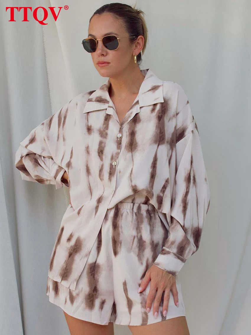 

TTQV Elegant Beige Print 2 Piece Sets Women Outfit Fashion Long Sleeve Single Breasted Shirts And High Waist Shorts Set Homewear