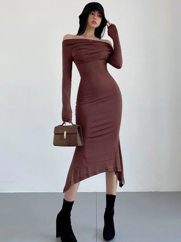 

WOMENGAGA Sexy Spice Girl Inclined Shoulder Dresses Fishtail Long Dress Long Sleeve Robe Women Fashion Women S8LH