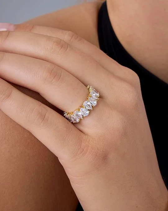 Фото Обручальное кольцо Waterdrop Moissanite Eternity Band с грушевидными бриллиантами, полностью инкрустированное, из серебра S925, штабелируемое, для женщин и мужчин №5