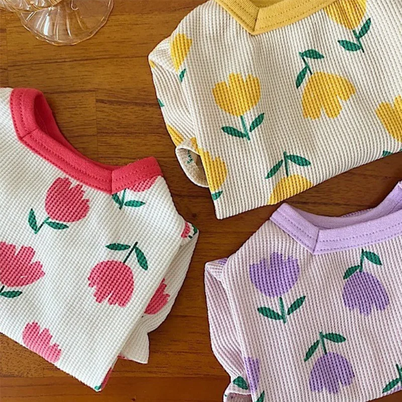 

Pet Dog Clothes Tulip Print Walf Checks T-shirts for Dogs Clothing Cat Small Thin Summer Boy Girl Chihuahua Pet Products 2023