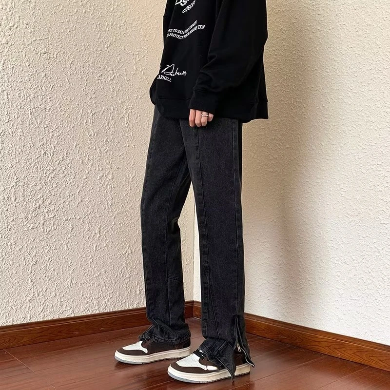 2023 Korean Fashion Ankle Zipper Vintage Brown Men Jeans Pants Luxury Straight Hip Hop Casual Denim Trousers Pantalones Hombre