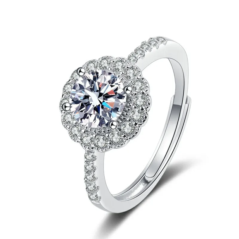 

S925 Silver Round Four Claw Moissanite Ring Adjustable Ring Star Sea Wedding Ring Crystals Ring Wedding Rings Wolf