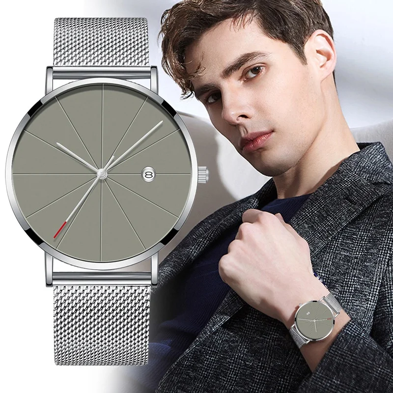 

Luxury Fashion Men's Watch Date Stainless Steel Mesh Strap Analog Quartz Business Watch Religio Masculino