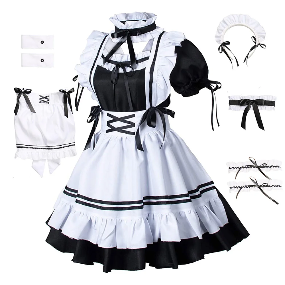 Косплей Костюм французской горничной из аниме черно-белый фартук длинное платье