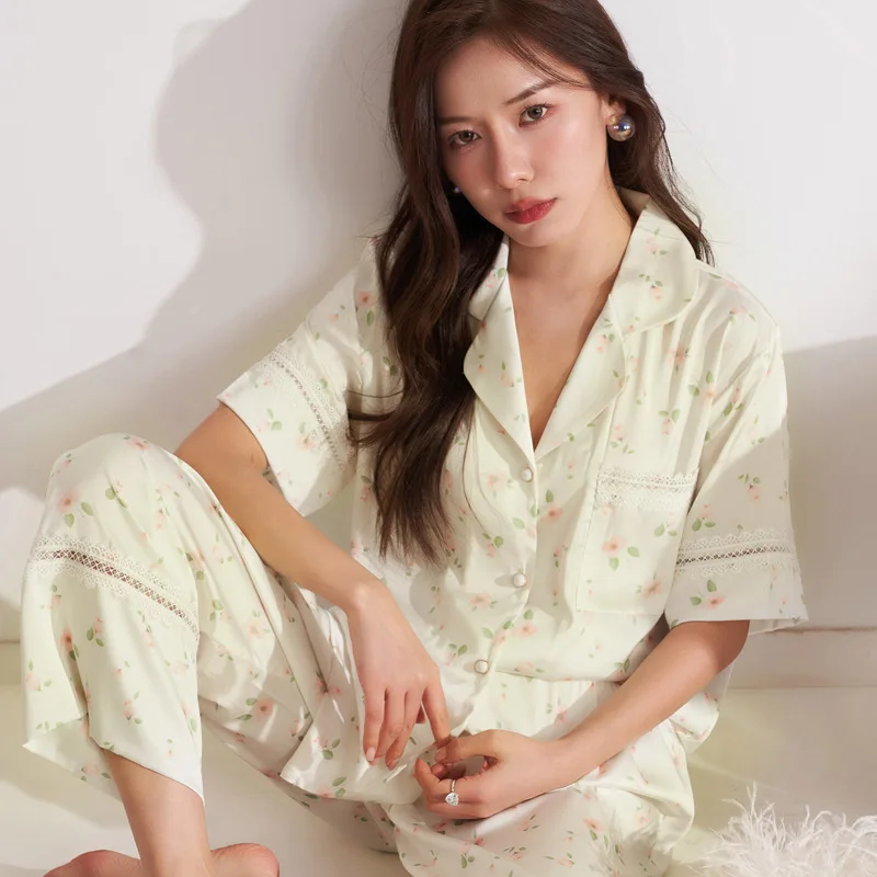 

Летняя Новинка 2023, женская пижама CRLAYDK, топ с коротким рукавом и длинные брюки, кружевная Домашняя одежда на пуговицах