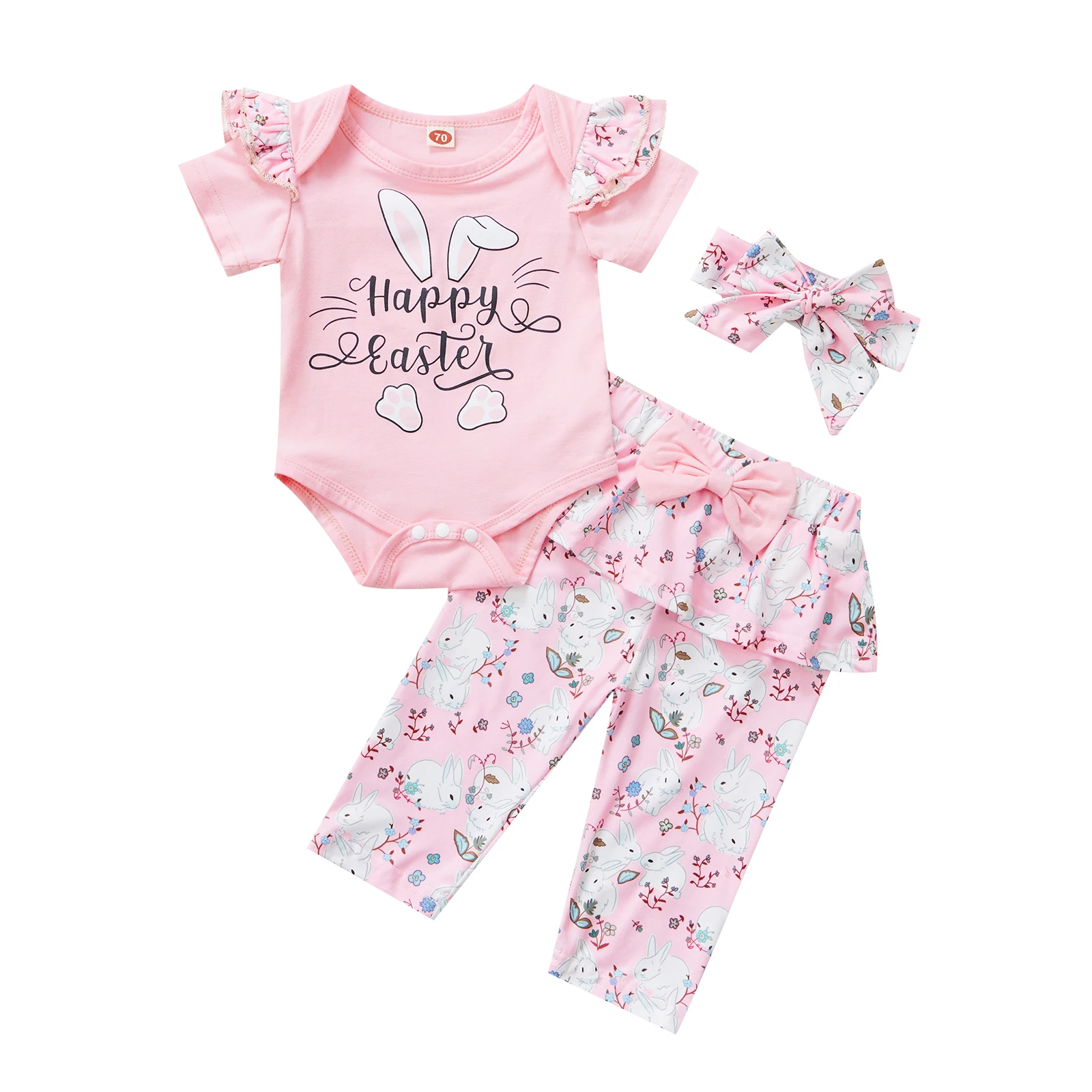 

2022-01-03 Lioraitiin 0-18M Newborn Infant Baby Girl 3Pcs Easter Clothing Set Short Sleeve Rabbit Printed Bodysuit Top Long Pant