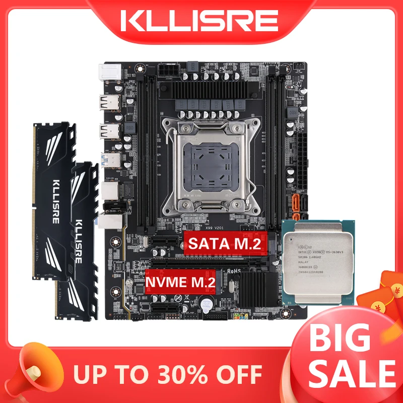 Kllisre X99 комплект материнской платы Xeon E5 2630 V3 LGA 2011-3 ЦП 2 шт. X 8 ГБ = 16 Гб 2666 МГц DDR4