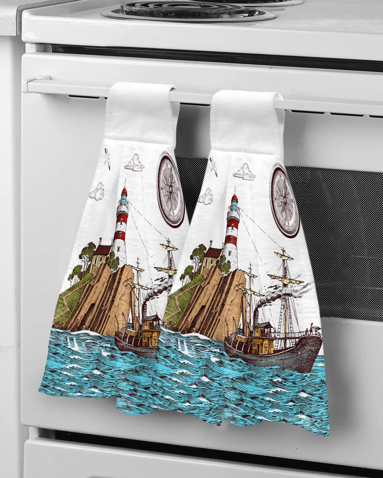 

Retro Illustration Lighthouse Sailing Ship Hand Towel Microfiber Hanging Wipes Cloth Cleaning Towel Kitchen Tools Accessories