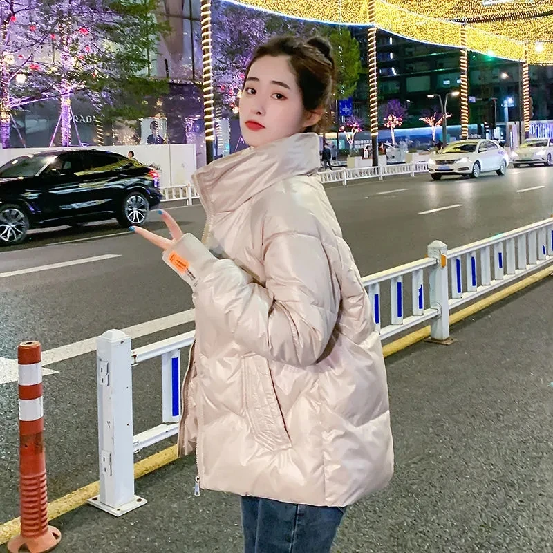 Women's Fashion Glossy Stand Collar Snow Coat Winter Warm Windproof Hooded Parkas Solid Warm Cotton Jacket Loose Zip Up Overcoat