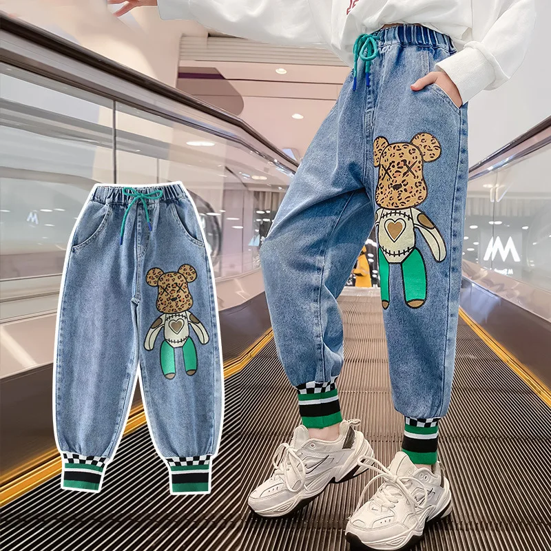 

Kids Girls Blue Jeans Trosuers Spring Autumn Teenage Cartoon Bear Denim Pants Fashion Children Elastic Waist Cargo Pant 8 12Year
