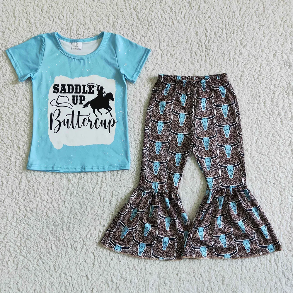 

2pcs Last Design Comfortable Blue Design RTS Cowboy Cow Skull Print Bell-Bottom Pants In Stock Tunic Girls Outfits Set