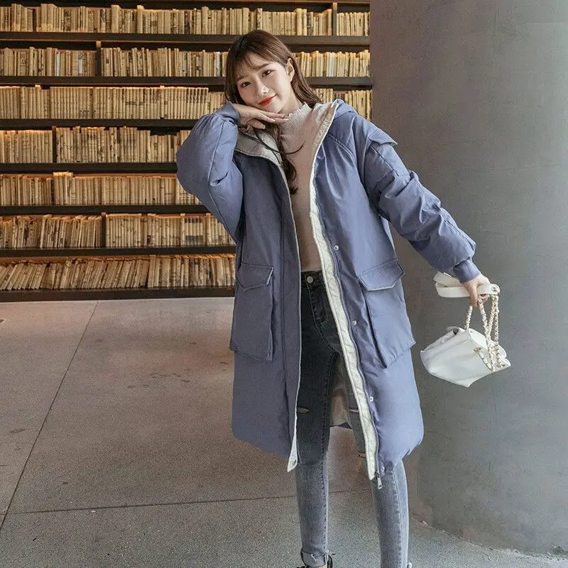 Women Mid Length Hooded Padded Jacket Korean Fashion Winter Warmth Student Loose Bread Clothes Thicken Cotton Padded Jacket Za