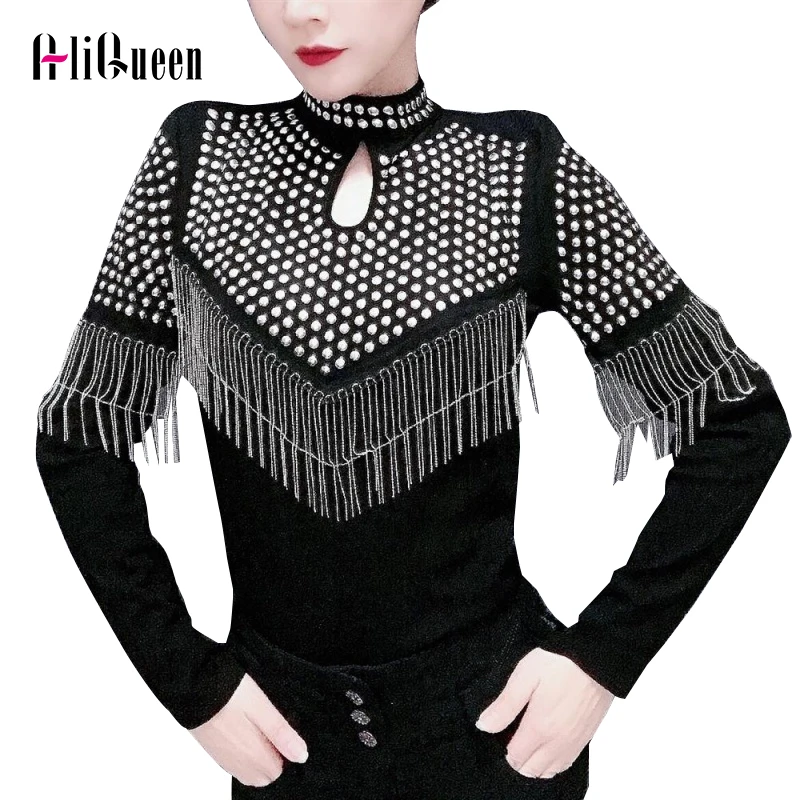 

Spring Autumn Women Long Sleeve Hand-studded Rivet Tassel Chain T Shirts Female Black Sexy Hollow Out Stand Neck Pullovers Tops