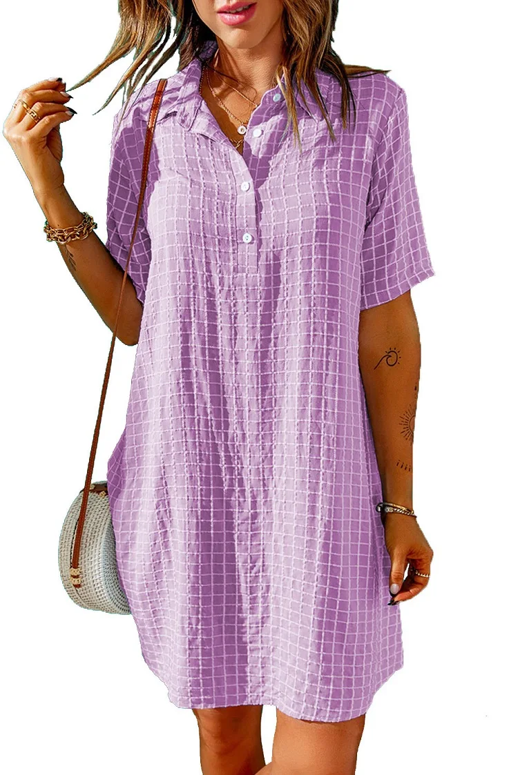

Women Summer New European American Plaid Lapel Collar Button Short Sleeve Loose Casual Shirt Dress Good-Quality Breathable Femal
