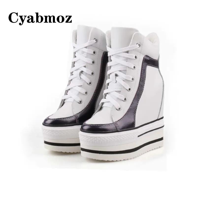 

women sneakers platform wedges shoes casual genuine leather height increasing 13cm high top lace up ladies elevator shoes