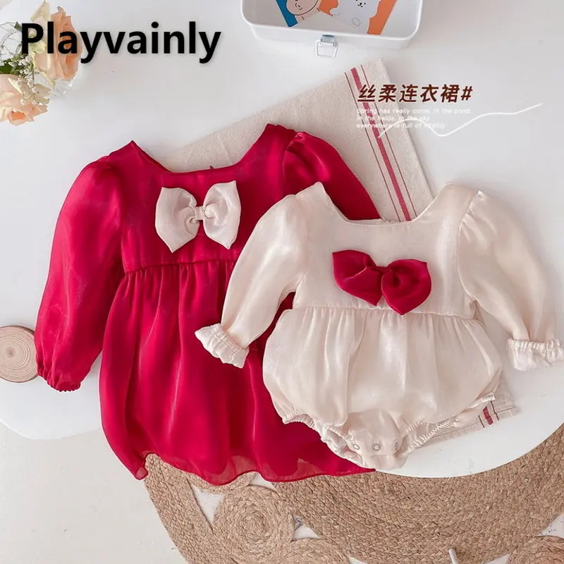 

Spring Family Matching Clothes Girl Bowknot Long Sleeve Princess Dress Wine Red Apricot Romper Children Sister Clothing E061