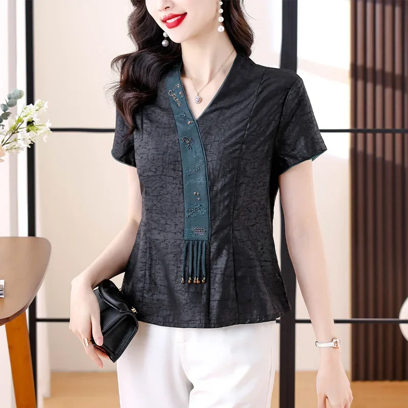 Лето 2024 новая рубашка для похудения в китайском стиле женский топ на пуговицах с