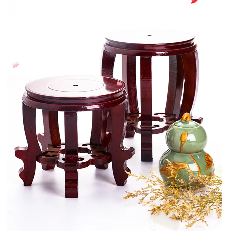 H26 Red Solid Wood Round Vase Fish Tank Stand Red Stand Oriental Style Vase Stand Fish Bowl Stand Multiple-purpose Display Stand