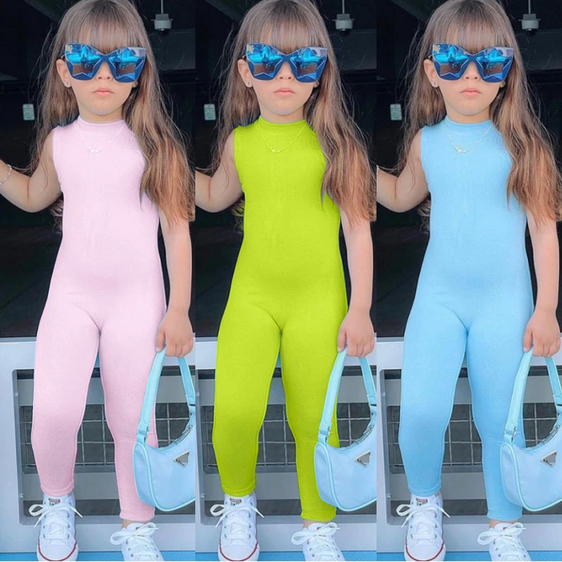 Fashion Baby Girl Clothing Children Solid Candy Color Short Jumpsuits Summer Sleeveless Elastic Bodysuits Sunsuit Sport Jumpsuit