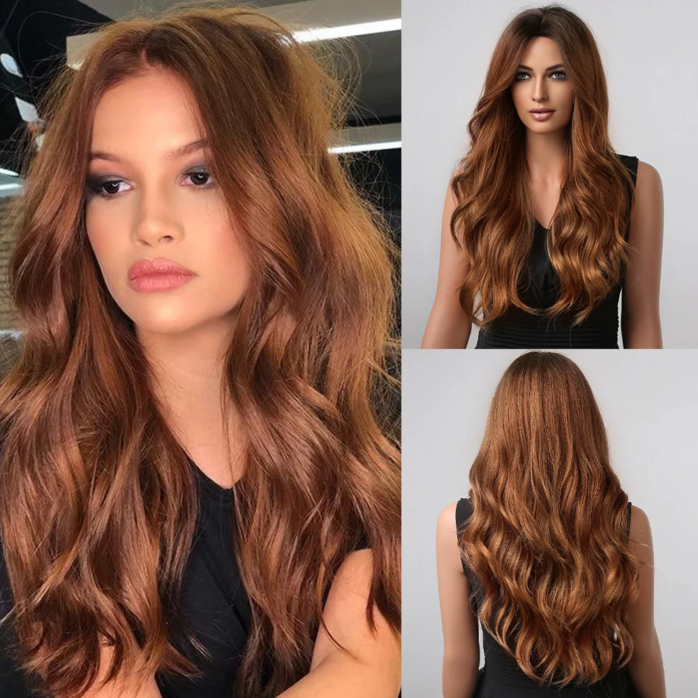 

Synthetic Wigs Long Red Brown Natural Wave Hair Wigs for Black Women Body Wave Daily Cosplay Party Middle Part Dark Roots Wigs