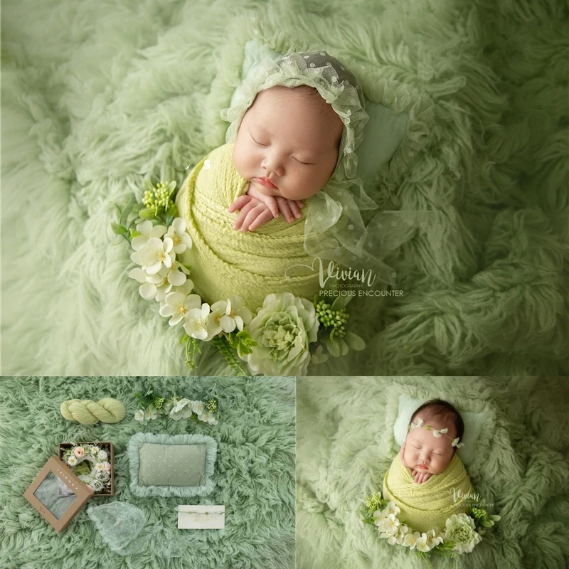 Newborn Baby Photography Props Spring Green Lace Pillow Floral Hat Wool Blanket Theme Fotografia Photoshoot StudioPhoto Props