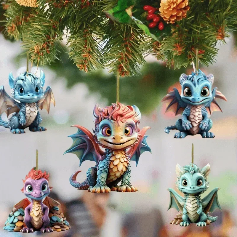

2d Christmas Pendant Adorable Flying Dragon Baby Decorations Doll Gift Key Chain Car Hanging Ornaments Home Xmas Party Decor