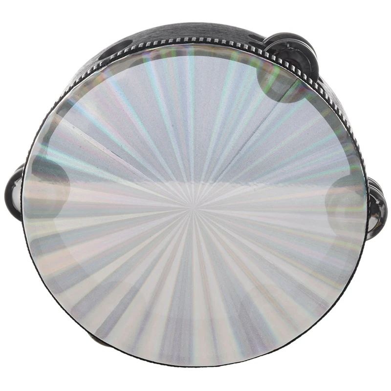 

2X 8 Inch Wooden Tambourine Handbell Hand Drum Reflective Head Percussion Instrument Toy Dancing Singing Accompaniment