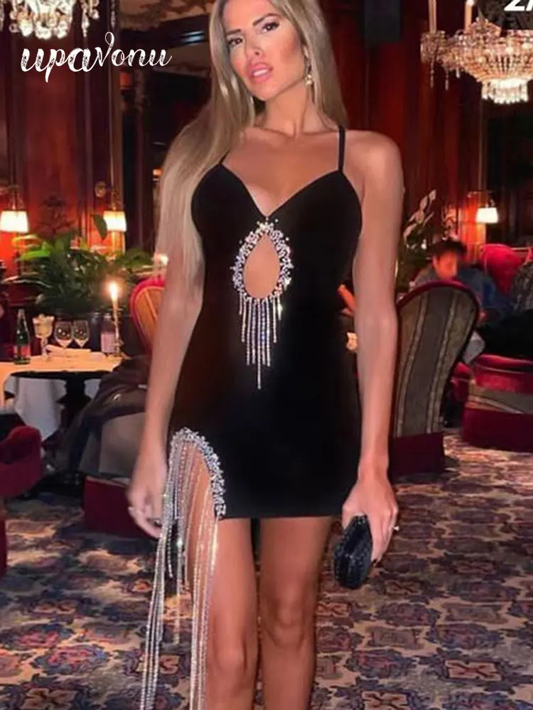 

2023 Sexy Women'S Summer Bandage Dress Spaghetti Sleeveless Bodycon Cut-Out Tassel And Diamond Dresses Evening Party Mini Vesido