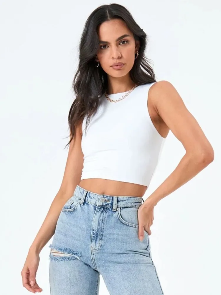 

Women Sleeveless Vest O-Neck Slim Four Colors Short Casual Sexy All-match Summer New 2022 Ladies Simple Tank Tops