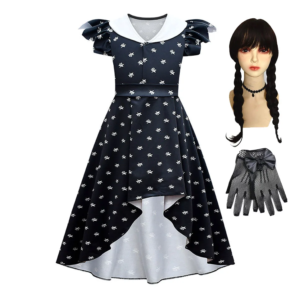 

Kids Wednesday Addams Dress Children Halloween Costume Girls Summer Peter Pan Collar Black White Fantasy Role Play Outfit 4-12T