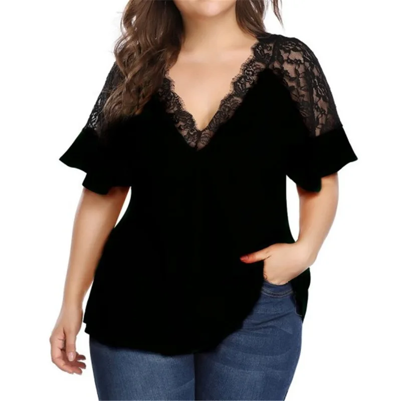 Фото Новая летняя модная футболка больших размеров 4XL, 5XL, 6XL, качественная женская футболка с коротким рукавом, сексуальная повседневная футболка с v-образным вырезом и кружевной строчкой №5