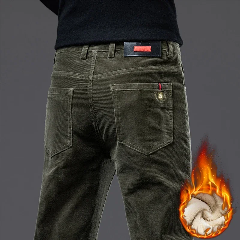 

Autumn Winter Men's Slim Fit Straight Corduroy Fleece Pants High Quality Cotton Stretch Simple Clothing Pure Fit Casual Trousers