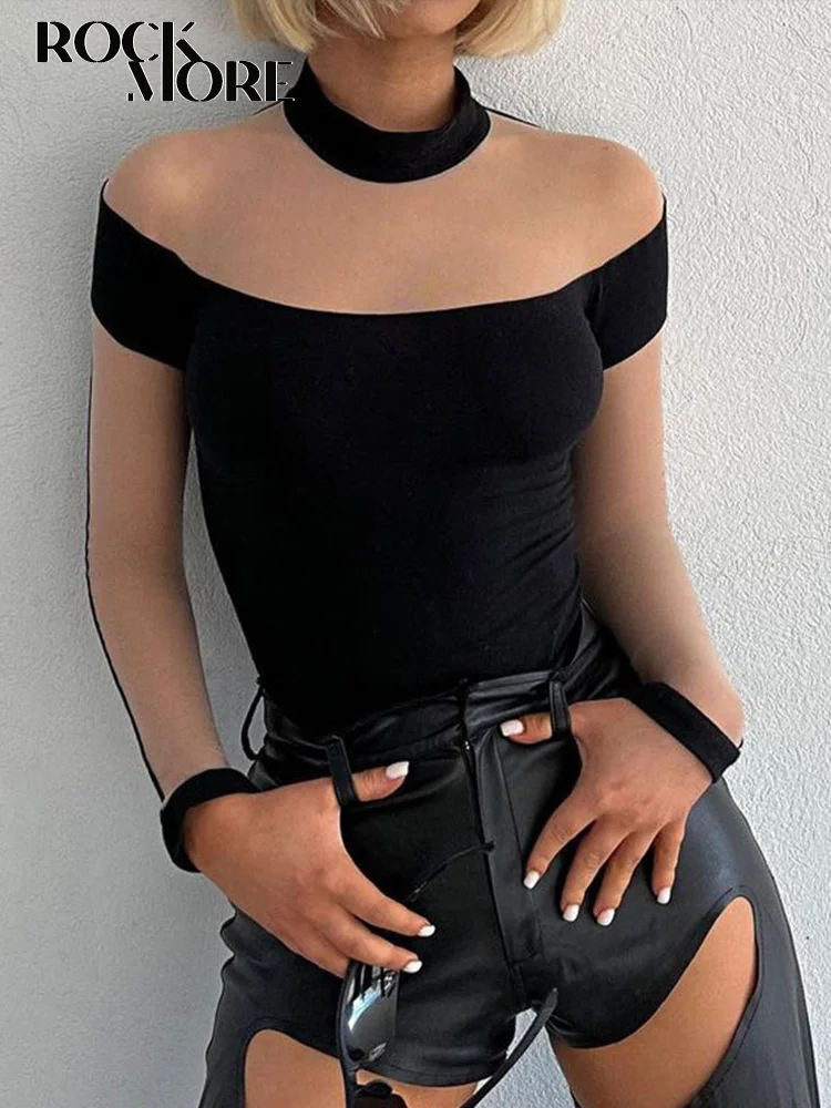 

Rockmore Fashion Mesh See-Through Bodysuit Women Elegant Body Suit Sexy Streetwear Patchwork Black Jumpsuit Skinny Playsuit 2022