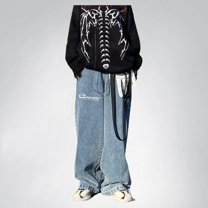 Brand Men's High Street Stitching Straight Leg Jeans Men's Trend Straight Leg Loose Wide Leg Pants Fashion Street Men's Clothing