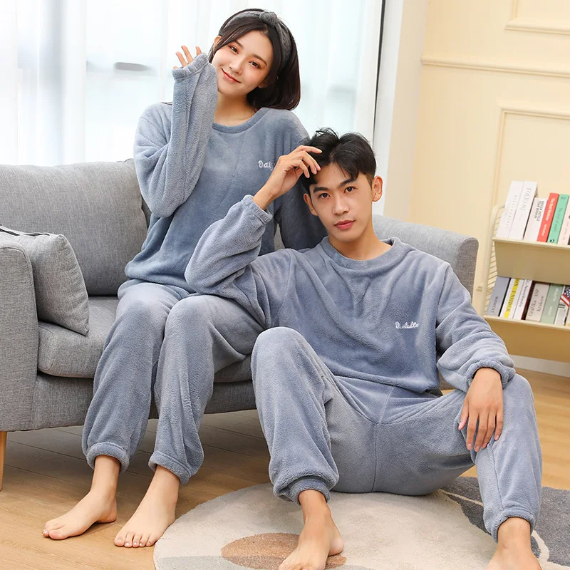 Lovers' Coral Velvet Pajamas Autumn And Winter Men's Home Clothing Warm Fur Thickened Embroidery Letters Outer Pajamas Women