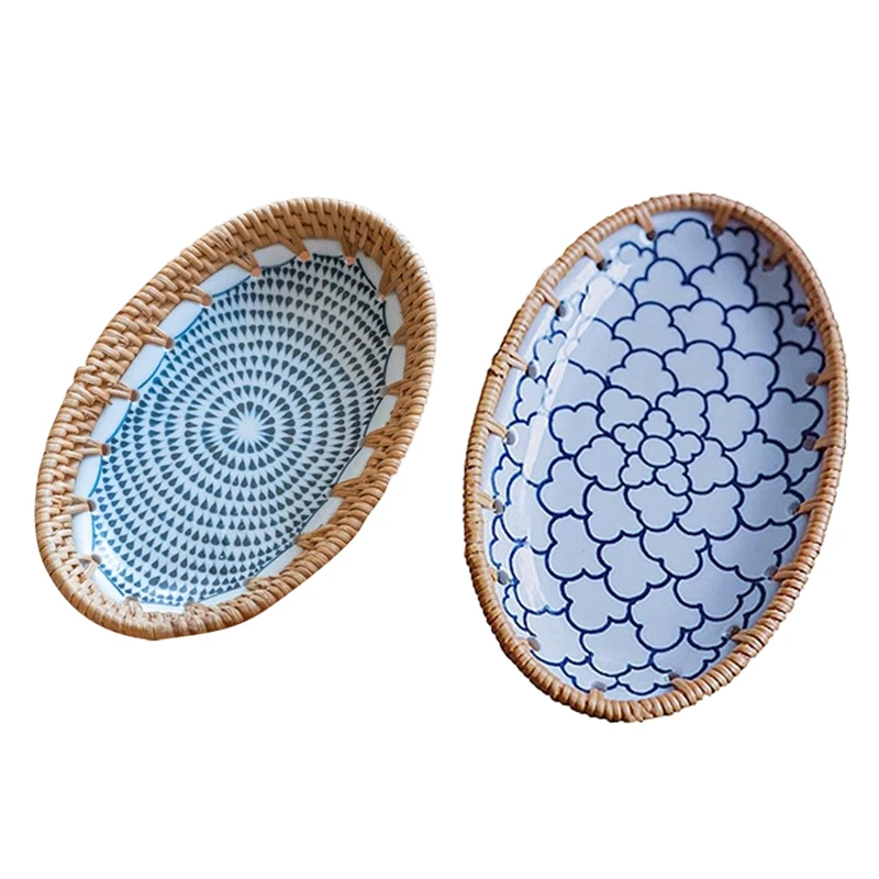 

Плетеный вручную лоток из ротанга и фарфора, плетеная корзина для хлеба, блюдо для еды, блюдо для фруктов, закусок, обеденный лоток, органайз...