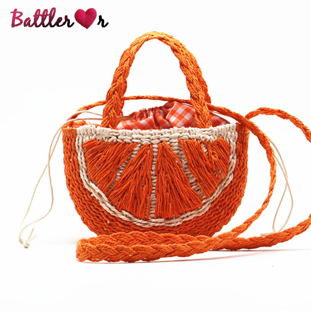 

Orange Design Straw Bags For Women Rattan Woven Summer Beach CrossBody Bag Female Fruit Watermelon Messager Handbag Lady Totes