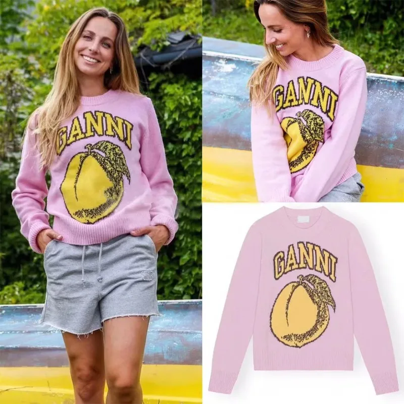 

GA@NI Early Autumn Popular Fruit Letter Jacquard Cute Big Lemon Fashionable Huma Colour Collision Round Neck Knitted Jumper