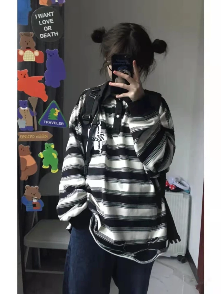 HOUZHOU Korean Black White Striped Sweatshirt Women Grunge Streetwear Ripped Basic Long Sleeve Tshirts Oversized Harajuku Hoodie