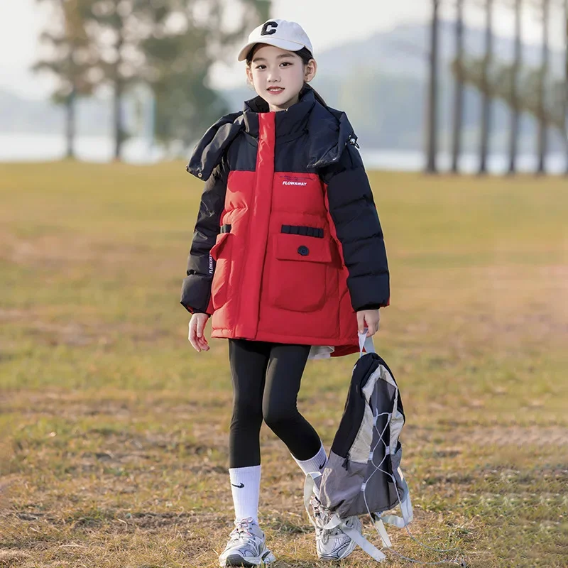 Длинный детский свободный утолщенный пуховик для девочек красный фиолетовый