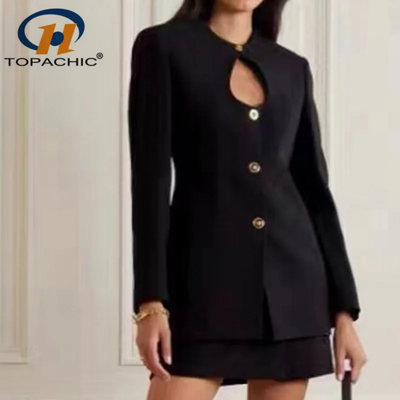 

8.8 High End Quality Sexy Hollow Out Design Metal Button Slim Long Black Blazer Coat Women