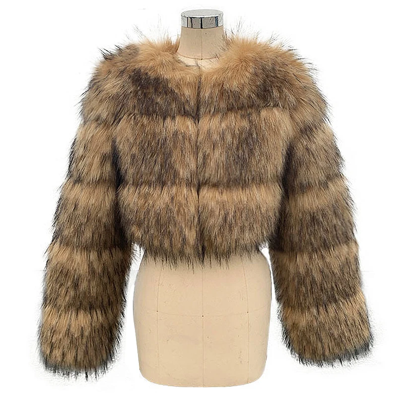 2022 Winter Women Fashion Faux Raccoon Fur Coat Luxury Short Fluffy Fur Jacket Outerwear Women Fuzzy Coat Crop Fur Top