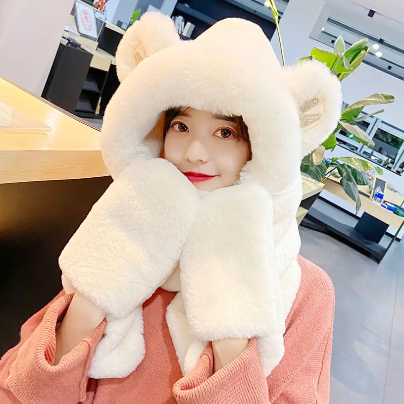 4-12 Years Old Girl Autumn and Winter Bear Three Pieces Thick Warm Soft Comfortable Fluffy Hat Neck Children's Scarf Integration