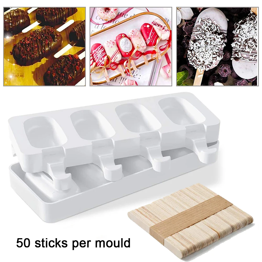 

4 Hole Silicone Ice Cream Mould With 50 Wooden Sticks Popsicle Lolly Frozen Dessert Maker Ice Cream DIY Homemade Supplies